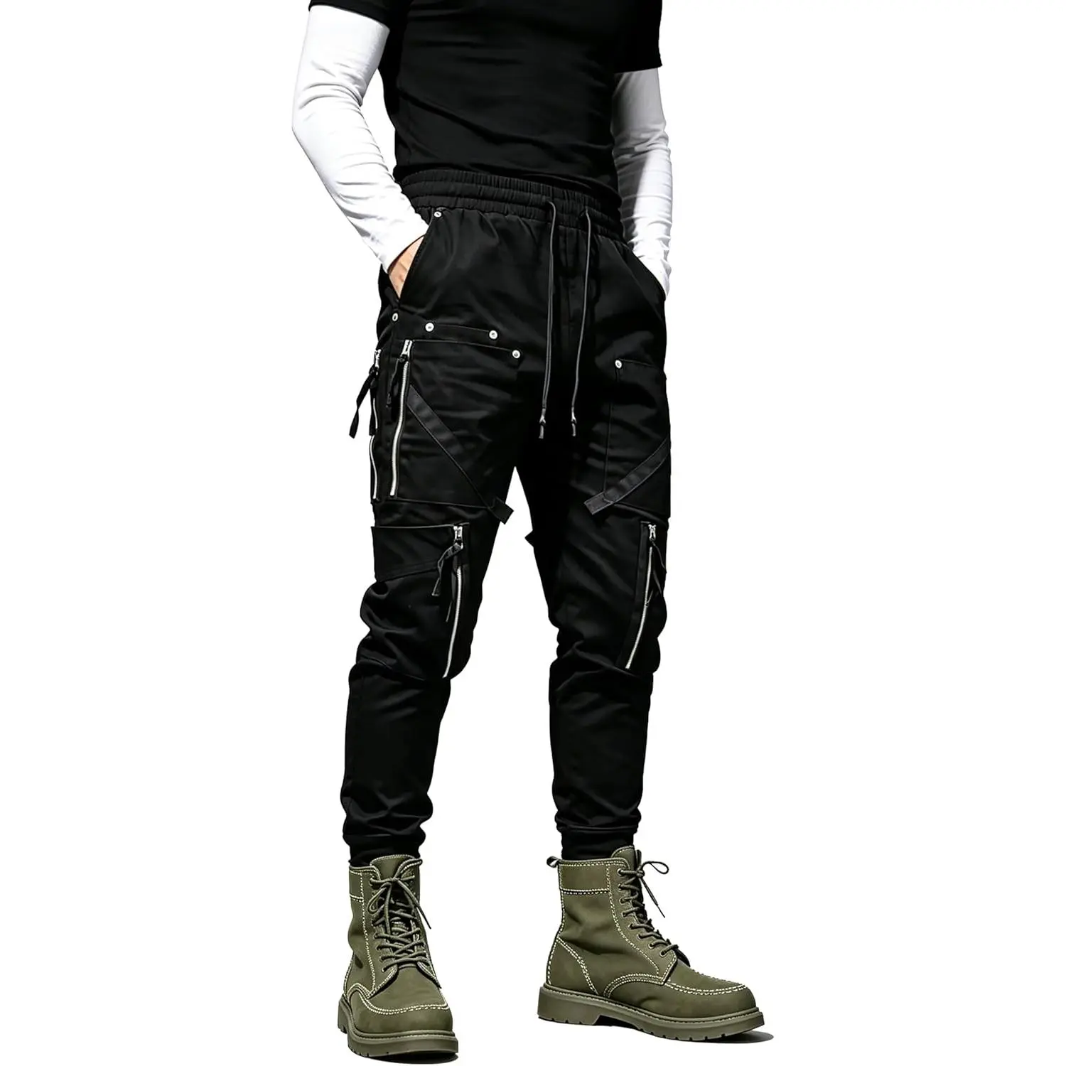 MOKEWEN Men's Cotton Techwear Cyberpunk Jogger Pants - Zipper Pockets, Elastic Ankle, Streetwear Menswear Cargo Harem Bottoms, Fabric