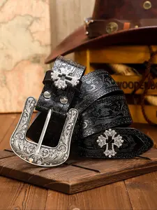 Men's Punk Style Embossing Texture Metal Design Western Belt, Fashion PU Leather Black Belt for Daily Clothing Decor, Trendy All-match & Exquisite Belt As Gift, Stylish Belts