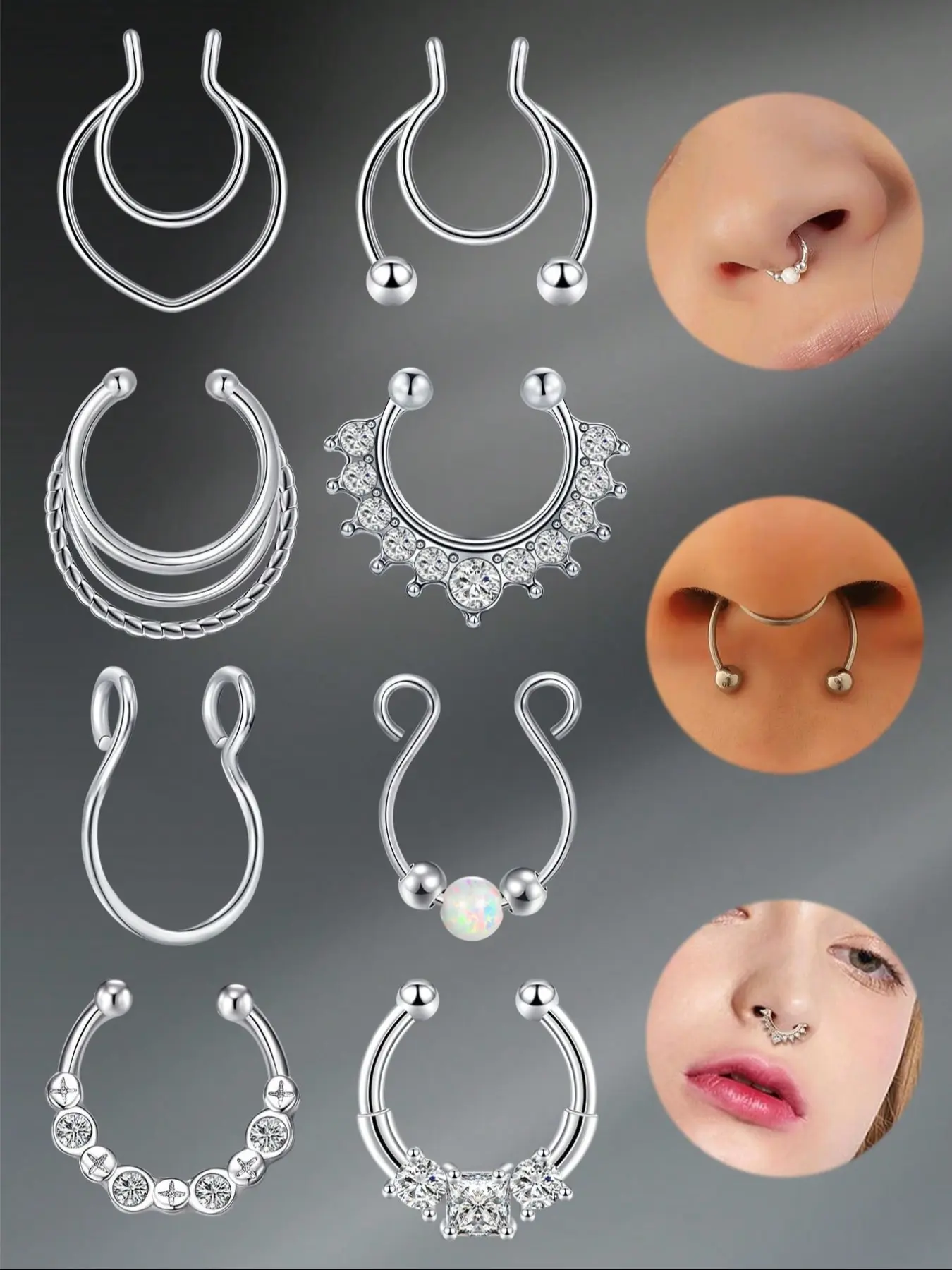Fake Septum Rings Hoop Stainteel Steel Non Piercing CZ Opal Septum Jewelry Fake Nose Rings Clip On Septum Rings Body Jewelry For Women Daily Wear, Faux Septum Piercings, Septum Clicker, Nose Rings Hoops