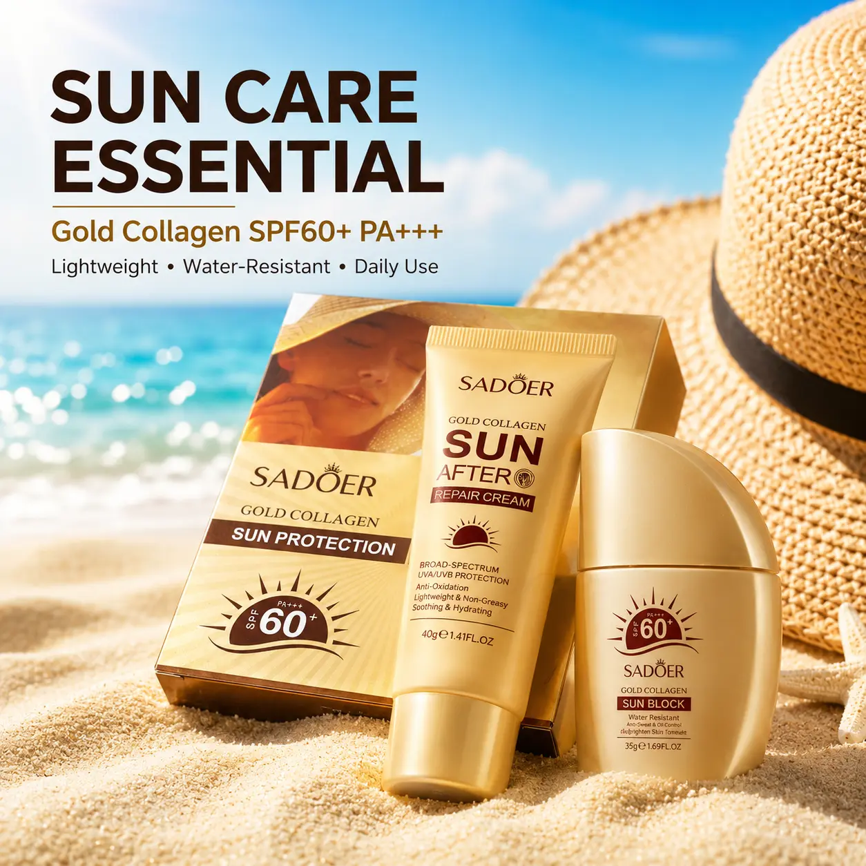 Gold Collagen Sun Care 2-Piece Set - Facial & Body Sunscreen Kit with SPF 60+ Sunscreen Everyday, Moisture After Sun Cream, Lightweight Water Resistant Daily Protection for Adults, Commuting, Outdoor Sports