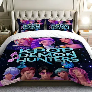 3PCS Duvet Cover Set, 1 Duvet+2 Pillowcases(Without filler), Kpop Demon Hunters Fantasy Music Art theme, Halloween bedding set, Stylish Popular Iconic Suitable for decoration bedroom, dorm room, studio, apartment.