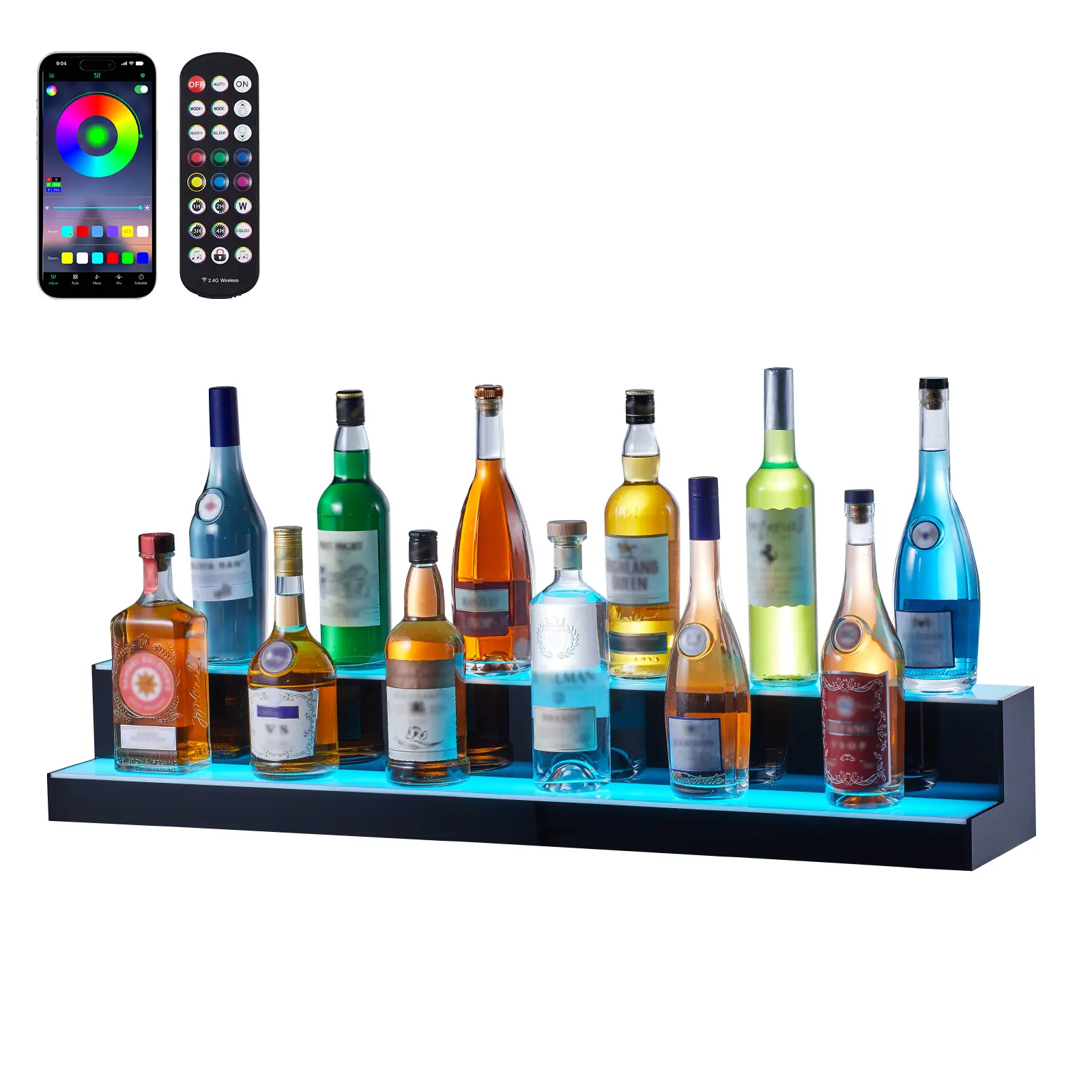 VEVOR LED Lighted Liquor Bottle Display Shelf - 2-Tier 40in Translucent Acrylic Wine Rack, RF Remote & App Control Multicolor Smart Stand with LED Lighting for Indoor, Outdoor, Party Use (Home Bar, Commercial)