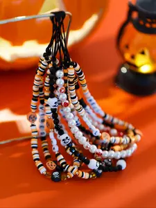 Halloween Soft Clay Bead Bracelet, Acrylic Faux Pearl Pendant Necklace, Pumpkin Skull Ghost Charm Jewelry Gift for Women & Girls