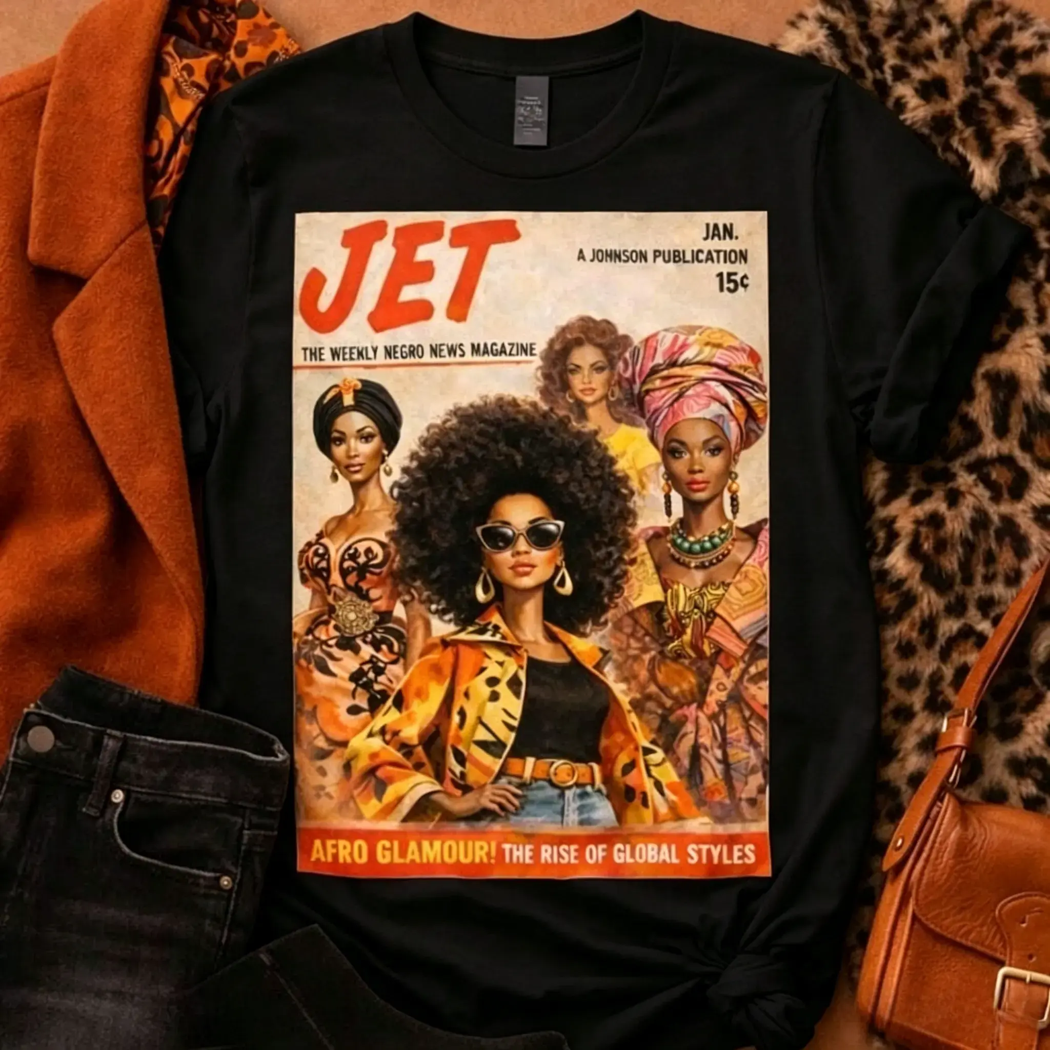Women's Casual Short-Sleeve Cotton Fabric Fit Afrocentric Vintage Magazine Graphic T-Shirt - Glamour Fall Art Tee Gift