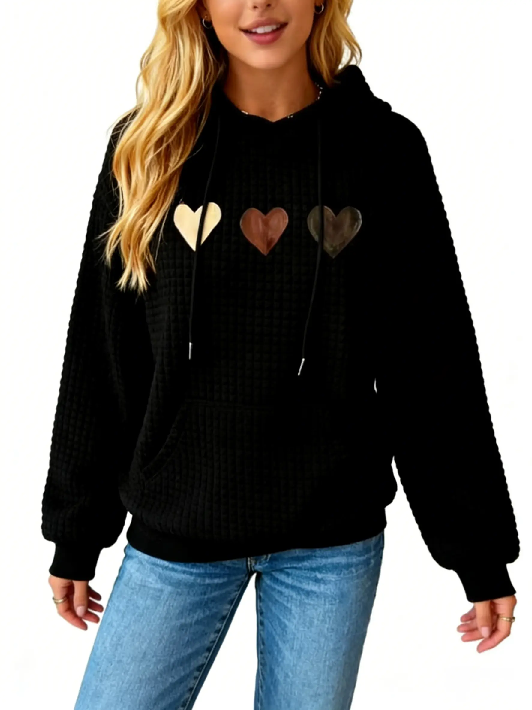 Women's Trendy Hooded Sweatshirt Heart Pattern Long Sleeve Pullover, Fall & Winter Casual Top, Comfortable Warm Clothing, Women's Sweatshirt