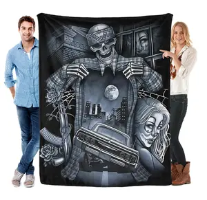 Chicano Style Skeleton & Lowrider Flannel Throw Blanket, Ultra Soft Cozy Fleece Blanket with Urban Gang Art, All-Season Blanket for Man Cave & Bedroom