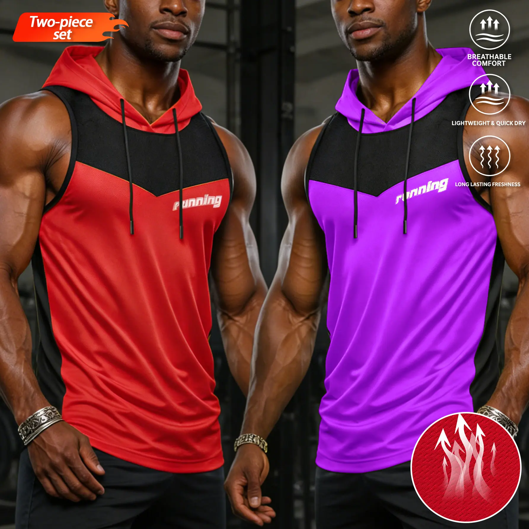 Men’s two-piece set: a summer compression sleeveless tank top with a drawstring hood for casual sports and gym workouts, suitable for bodybuilding, outdoor leisure, and men’s apparel.