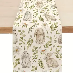 Easter Table Runner - Floral Design with Bunny Illustrations, Ideal for Easter Celebrations