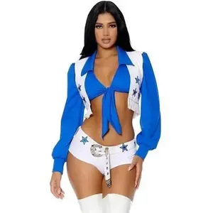 NewWestern Cowgirl Cheerleader Costume Set with Cowboy Hat Blue & White Stars Design for Party & Halloween
