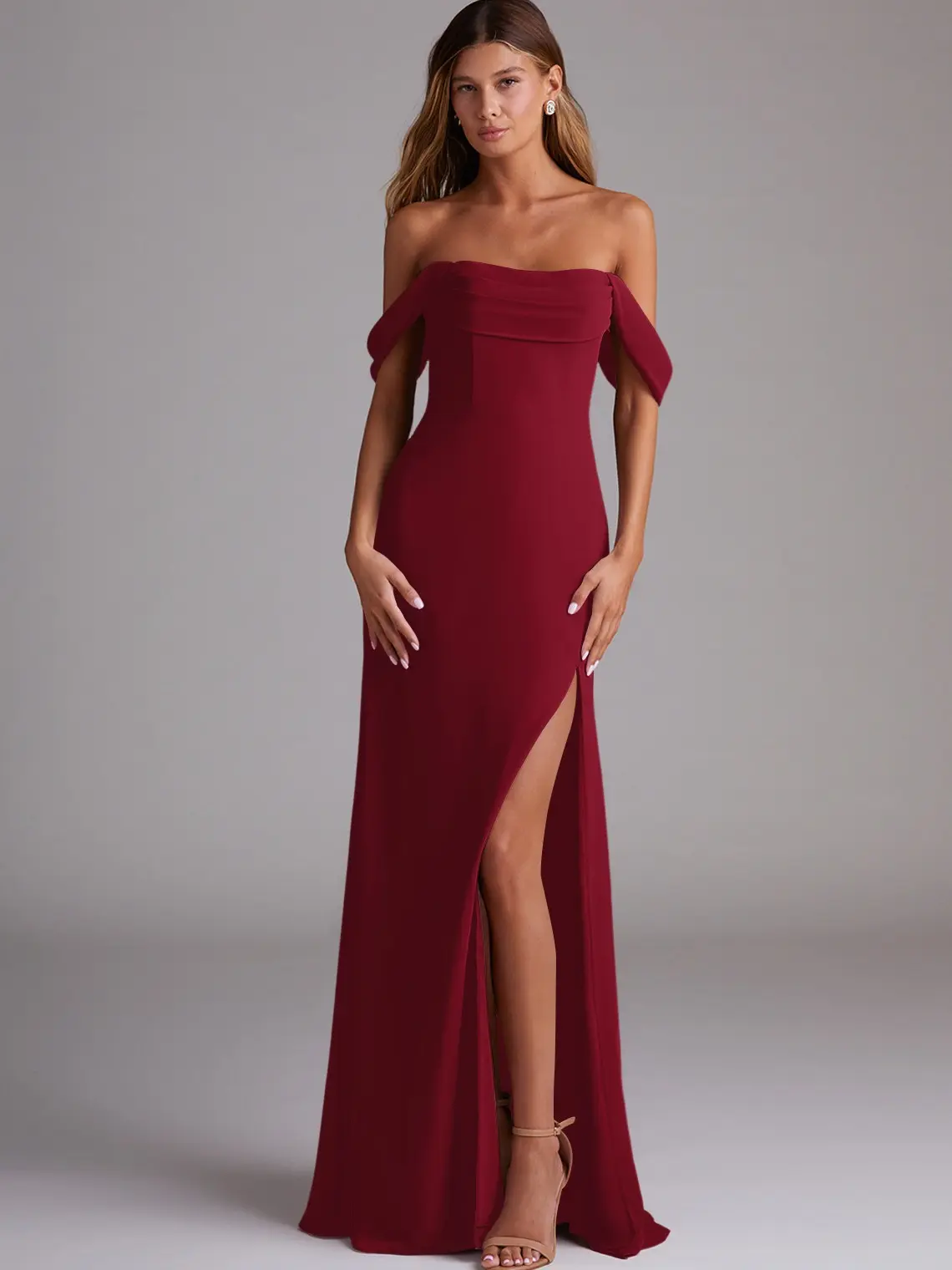 AZAZIE Women's Lady's Saige Short-Sleeve Off-the-Shoulder Convertible Pleated Cowl Neck Floor-Length Chiffon Zipper Back Bridesmaid Dress - Clothes for Wedding Guests