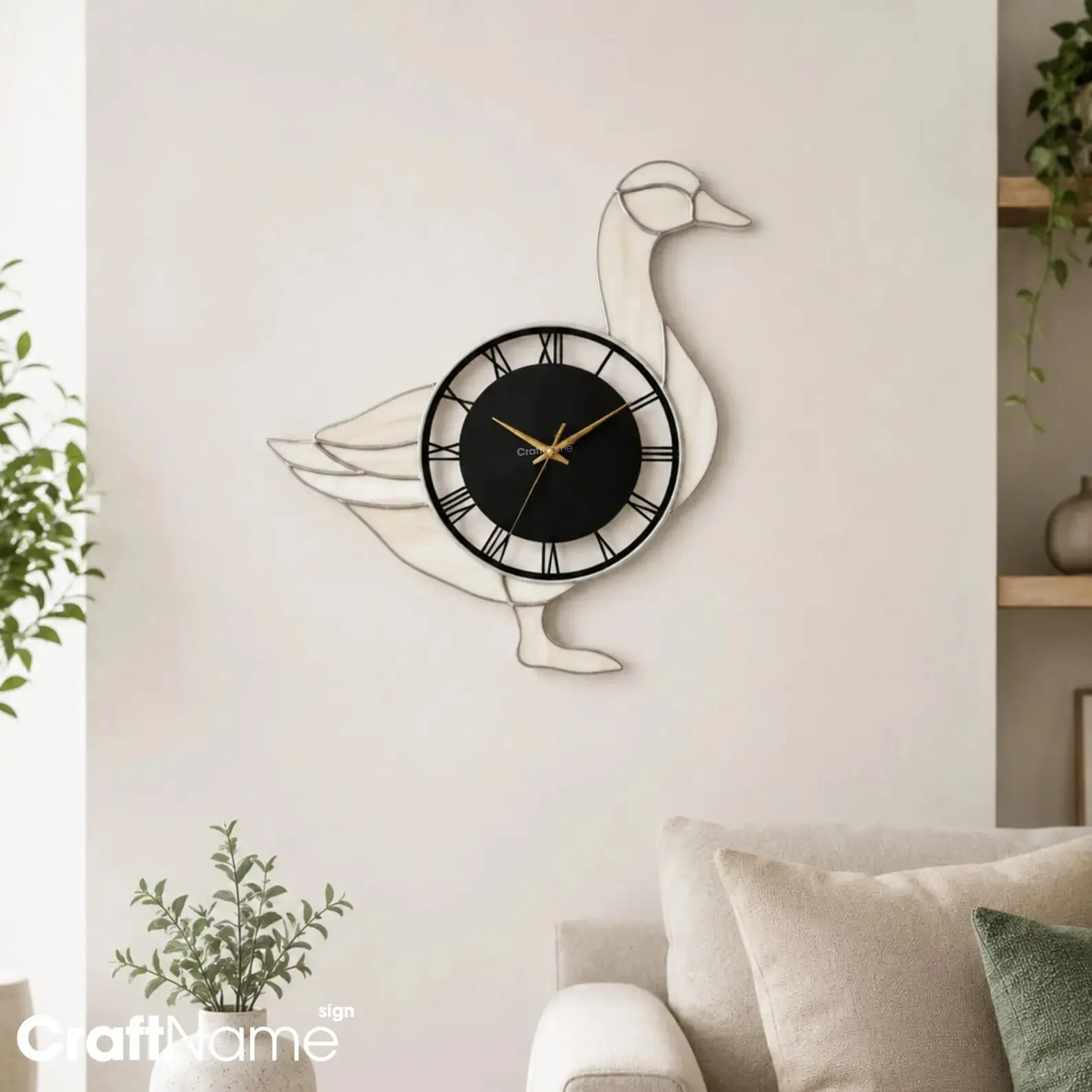 CraftNameSign Modern Goose Wall Clock Metal Art | Minimalist Bird Wall Clock | Farmhouse Living Room Decor | Silent Hanging Clock | Housewarming Gift