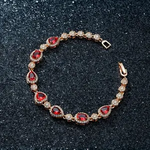 Elegant Colorful Cubic Zirconia Halo Bracelet with Vibrant Red Crystals and Gold Accents Adjustable Cuff for Women 19.4cm Length Versatile Accessory Red Gemstone