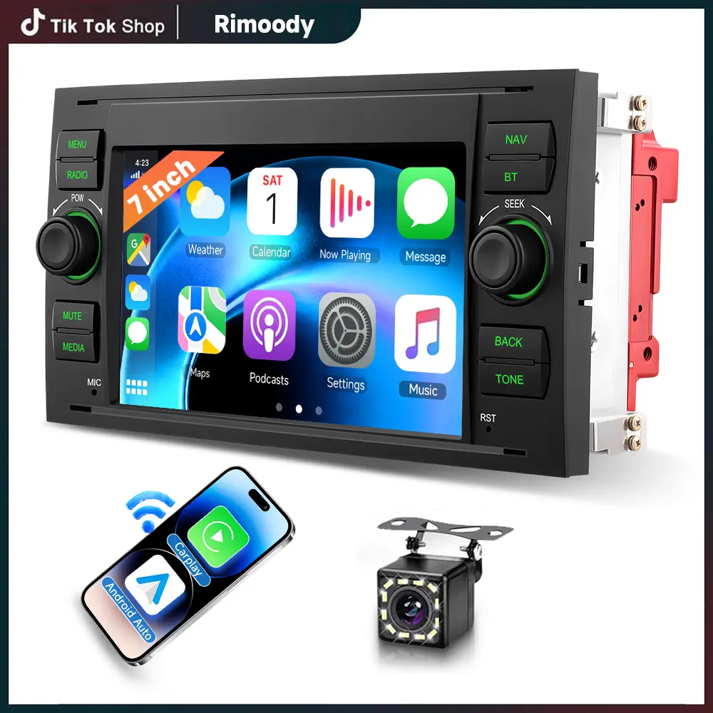Rimoody 7-Inch HD Touch Screen Double Din MP5 Bluetooth Car Stereo - CarPlay-Enabled, FM/AM/RDS Radio, Compatible with Transit, Fiesta, Focus, Galaxy, Mondeo, Fusion, Kuga, C-Max, S-Max, Connect, Father's Day Gift Option, Carplay Car Stereos, Russian, Car