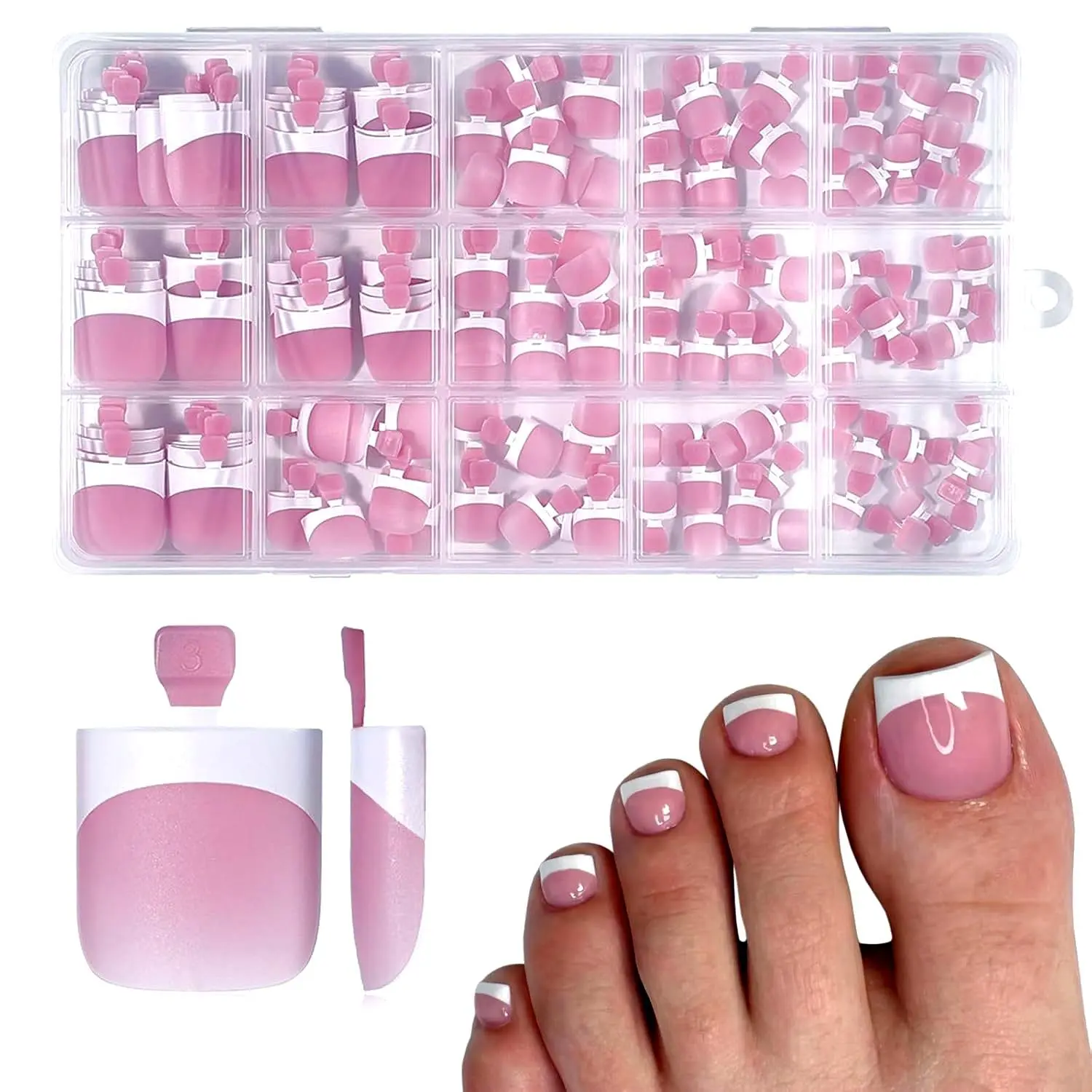 Summer Vibes Toe Nail Press Ons, French Tips Toe Press On Nails, 150pcs Square Pre-Designed Soft Gel Thick False Toenail Extension, Berry Pink Full Cover Acrylic for DIY 15 Sizes