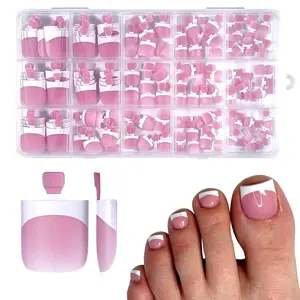 Summer Vibes Toe Nail Press Ons, French Tips Toe Press On Nails, 150pcs Square Pre-Designed Soft Gel Thick False Toenail Extension, Berry Pink Full Cover Acrylic for DIY 15 Sizes