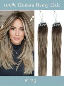 Micro Loop Hair Extensions 50pcs Set, T-Color 16inch & 20inch, Mixed Silicone Beads, Real Human Hair, Raw Remy Hair, Salon Quality, Reusable