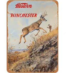 Retro Western Winchester Deer Aluminium Tin Sign - 12x8 in Vintage Hanging Metal Plaque, Home Office Wall Decoration Gift