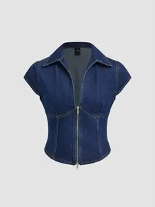 Cider Denim Polo Neck Zip Through Blouse