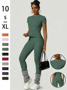 Women's Sportswear Set, Athletic Style Activewear, Slim-Fit Round Neck Short Sleeves & High-Waisted Yoga Pants, Ideal for Gym Running Outdoor Activities, Gym Sets