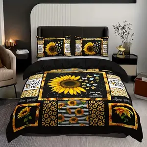 3pcs Fashion Farmhouse Sunflower Floral Home Digital Print Bedding Set, Comfortable & Stylish Bedroom Essentials, Perfect Gift Idea