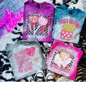 Anti Valentines Day T-Shirt Bleached - Gildan - Unisex - Spooky - Horror Womenswear Comfortable Short Sleeve Top Cotton Casual Short Sleeve