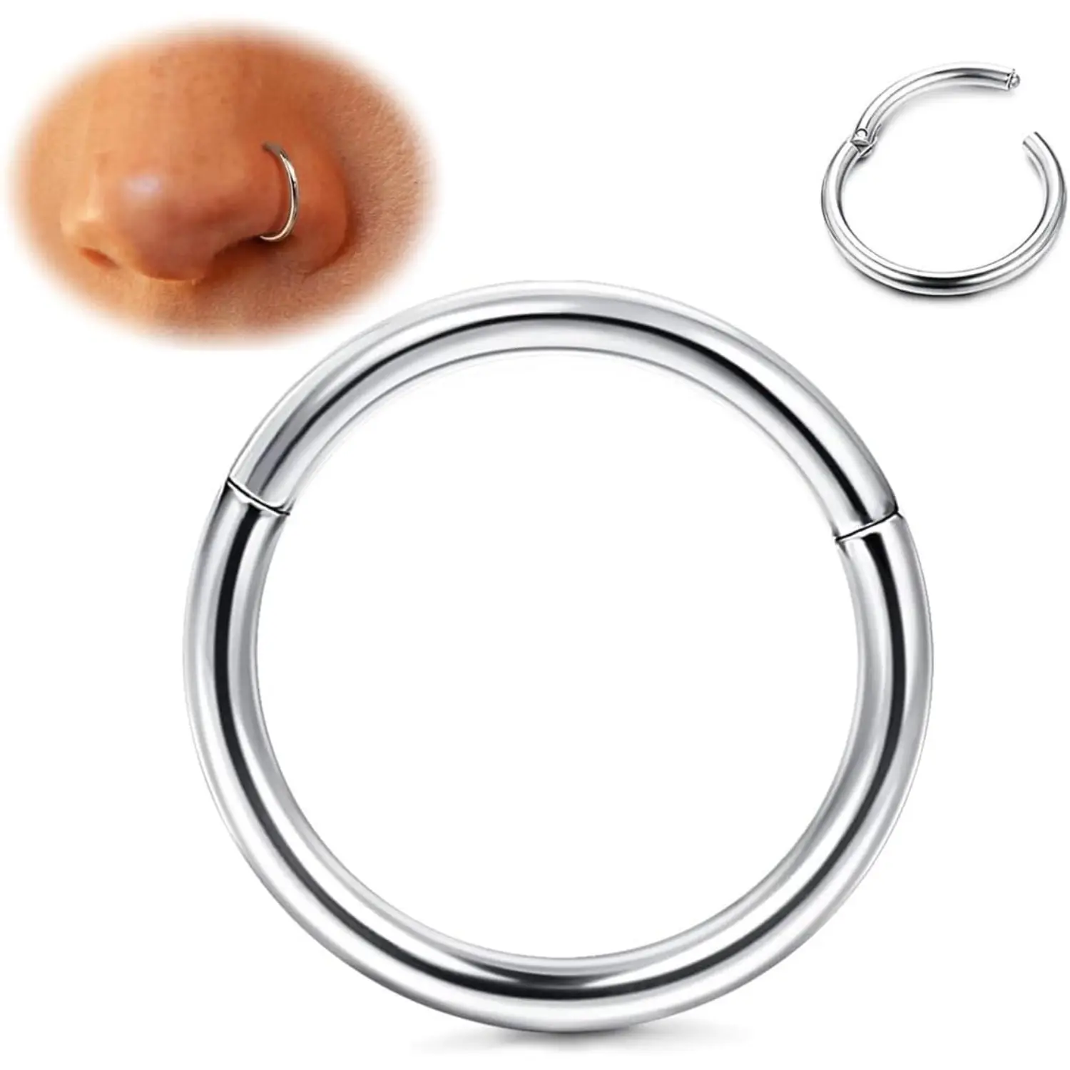 MILACOLATO G23 Titanium Nose Ring Hoops 20G 18G 16G 14G Septum Hinged Nose Rings Click Ring for Lip Helix Tragus Daith Rook Cartilage Lobe Earrings Conch Piercing Jewelry Hypoallergenic Nose Rings for Women Men, Helix Pierced Ring, Unisex