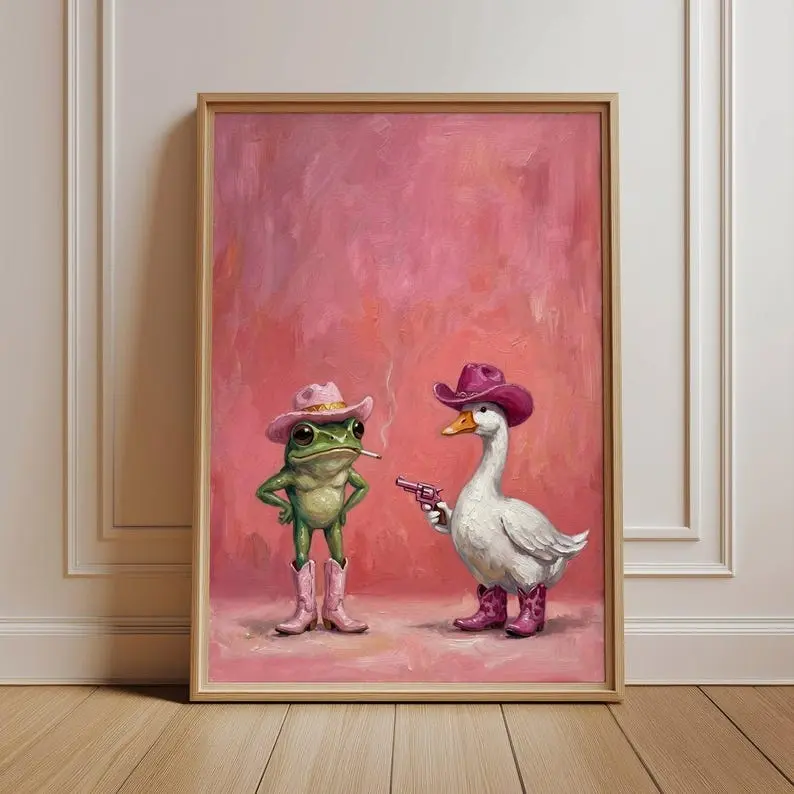 [Sale Up To 50%][No frame, Free Ship] Funny Animal Wall Art, Quirky Dopamine Decor, Pink Cowboy Frog Poster, Weird Duck Painting, Eclectic Dorm Print, Fun Bathroom