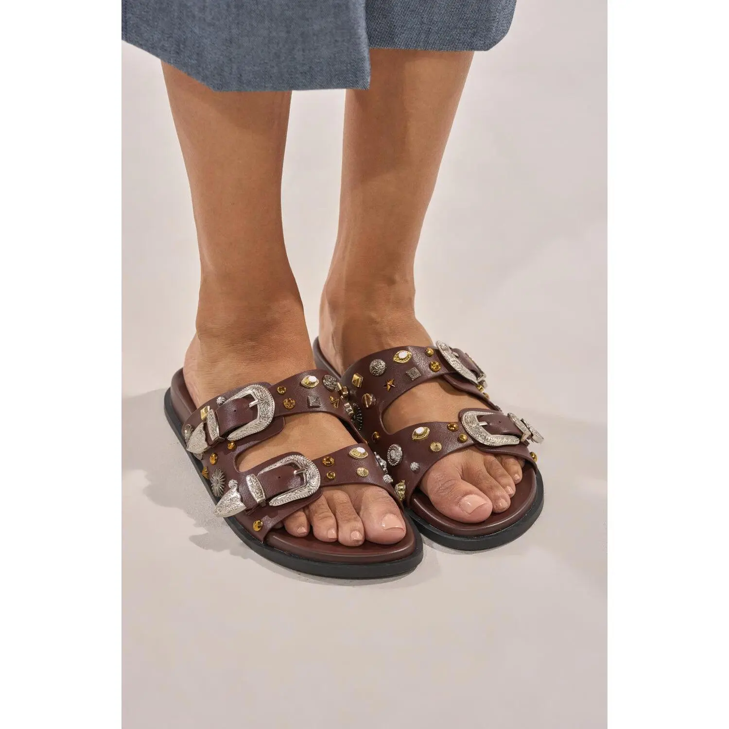 AKIRA BARCLAY BROWN METAL EMBELLISHED SLIP ON FLAT SANDAL