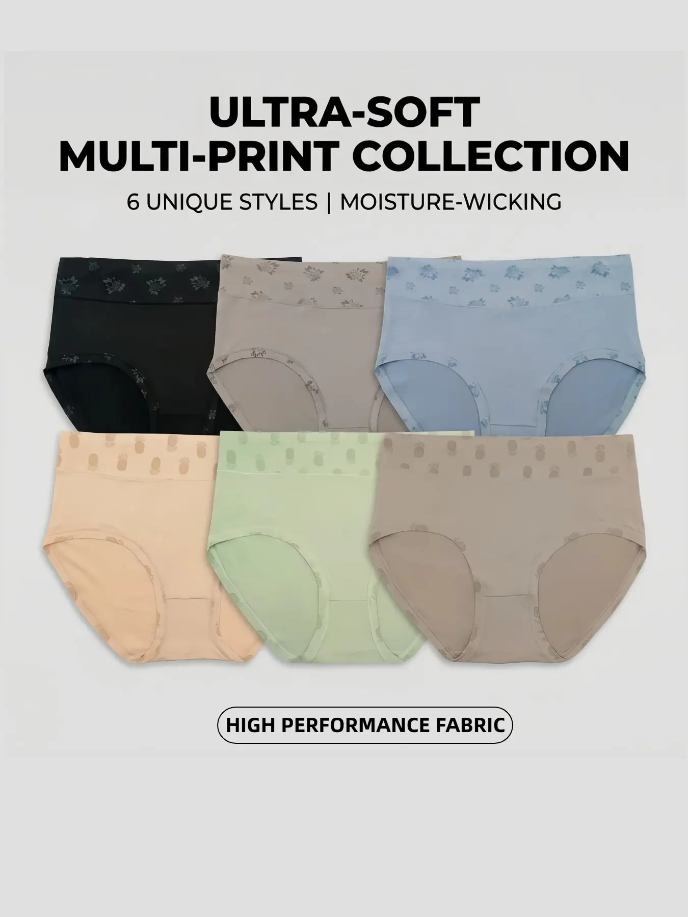 6 Pcs Women's Plus Size High Waist Triangle Panties Underwear, Breathable Floral Pineapple Print, Soft Stretch, Non-Rolled, Casual Daily Wear, Home & Commute