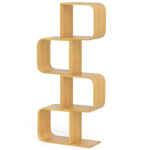 COSTWAY - 4-Tier S-Shaped Bamboo Bookcase with 4 Open Cubes for Living Room-Natural