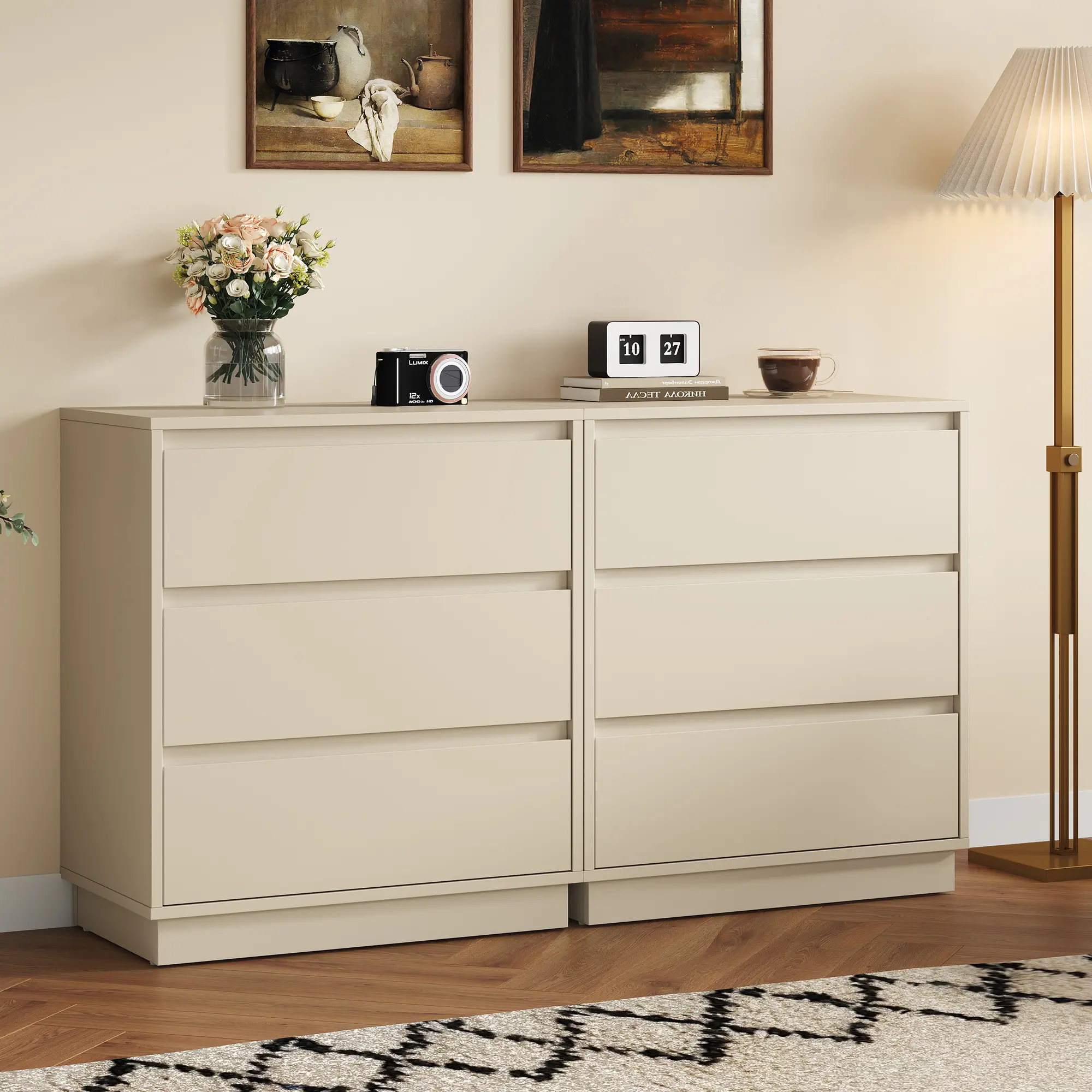 Spaco Beige 2-Piece Wooden Dresser Set - 3-Drawer, 24" Width Wide Modern Nightstand with Hidden Pull-Out, Indoor Furniture for Bedroom, Living Room