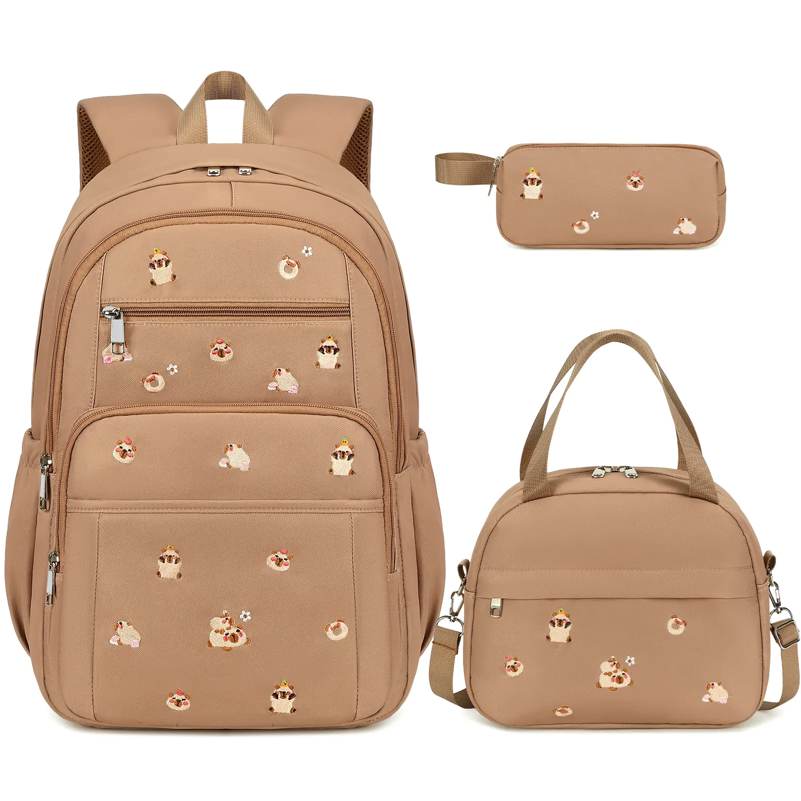 Girls Backpack - 3PCS Embroidered Backpack Set for Girls with Lunch Bag and Pencil Case, Cute School Bookbag for Elementary Middle High School Students, Back to School Supplies
