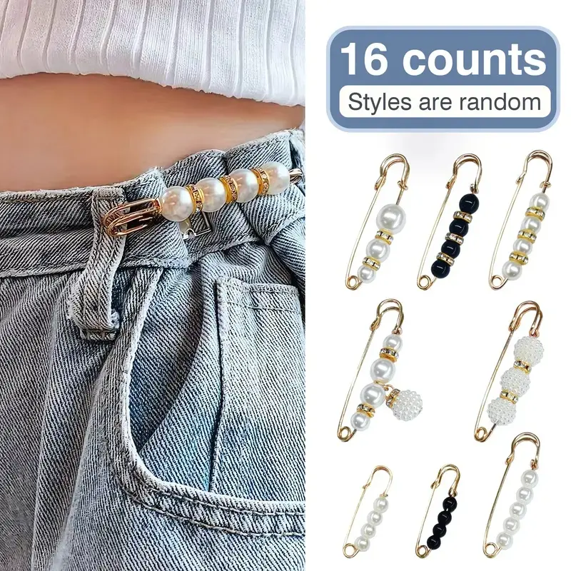 16 Counts Pearl Brooch Pins, No Sewing Fasteners for Sweater Shawl Cardigan Collar, Faux Pearl Clothing Dresses Decoration Pant Tightener for Women, Mixed Style Assortmentmixed style assortment safety Adjustable Waist Clip, Fashion Pearl Brooch, Jewelry F