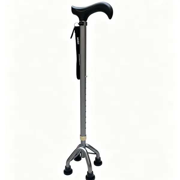 Height Adjustable Quad Cane, High Strength Aluminum 4-Leg Walking Stick, Anti-Slip Stable Base, Ergonomic T-Handle with Wrist Strap, Lightweight Gray Crutch for Elderly Seniors, Secure Walking Support