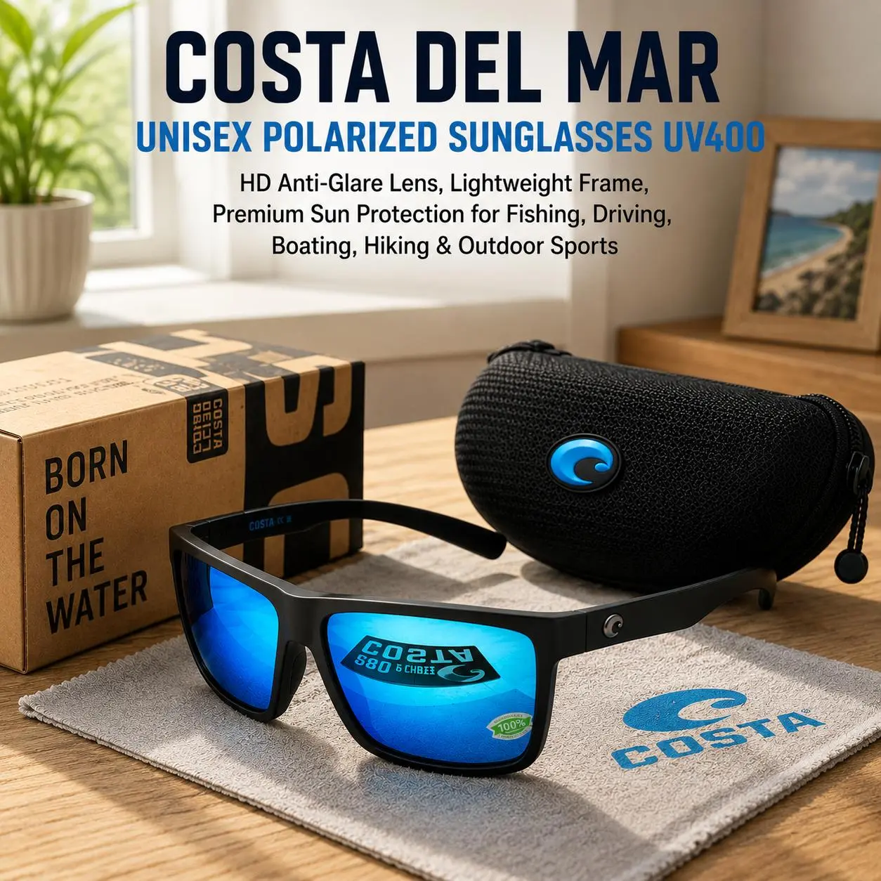 Costa Del Mar Polarized Sunglasses for Men, Blue Mirror Fishing Sunglasses with UV Protection, Lightweight Square Sport Shades for Boating Driving Beach Outdoor Activities
