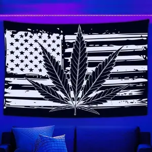 Cool Psychedelic Marijuana Leaf Black and White American Flag Tapestry UV Reactive Wall Tapestry Psychedelic Neon Tapestry Wall Hanging