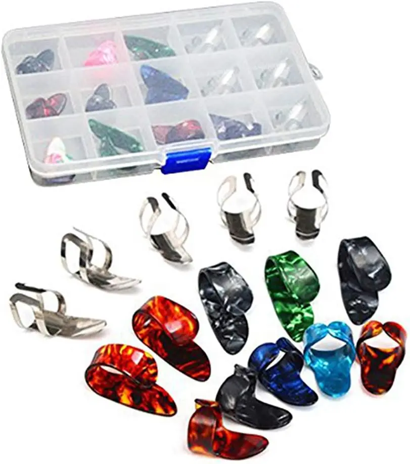 15 count Finger Pick Metal Thumb Pick Set Guitar Picks with 15 Grid Case Storage Box