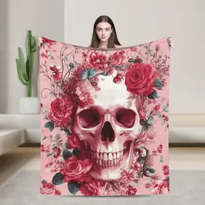1pc Gothic Boho Luxury Throw Blanket - Burgundy Pink Roses & Skulls - Soft Cozy All-Season Couch Bedspread - Lightweight Warmth for Sofa, Travel, Office - Birthday/Christmas/Halloween Decor - Elegant Home Accent - Vintage-Inspired