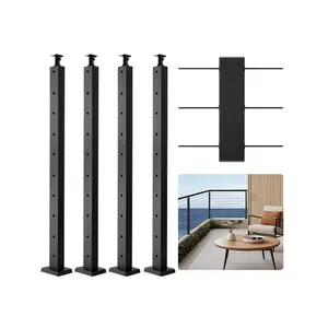 fathersdaygift VEVOR 4-Pack Cable Railing Post, 36x1x2 In Horizontal-Hole Deck Railing Post with Pre-Drilled Holes, Stainless Steel Cable Rail Post with Horizontal and Curved Bracket, Black, 4JZLGZXHS914UUOI6001V0