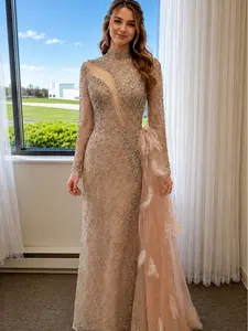 Feather Whisper Gown Dress - Nude-Pink Base with Hand-Sewn Silver Crystals, High Neckline, Diagonal Sheer Cutout, Mermaid Shape, Flowing Tulle Train with Feathers