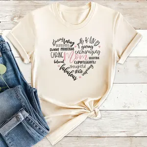 Women Graphic T-Shirt, Heart Typography Mom Print Soft Casual Tee, Gift for Mother Appreciation Birthday Mothers Day, For Moms Women Casual Wear, DL778