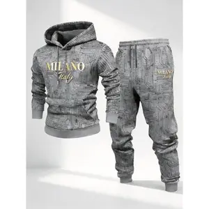 Trendy Men's Black Tracksuit Set - 3D Circuit Print & Gold Embossed Milan Lettering