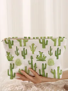 Cactus Print Corduroy Makeup Bag, Cartoon Style, Cute Lightweight Multi-Functional Fashion Casual Cosmetic Bag, Travel Organizer