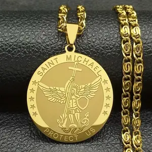 Saint Michael Pendant with Shield in Stainless Steel for Men and Woman - Gold Color Chain - Jewelry