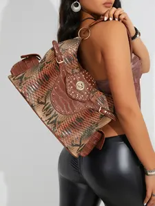 Women's Snake Skin Rivet Shoulder Bag, Vintage Metal Buckle Design, Crocodile Texture Patchwork, Large Capacity Handbag, PU Tote Satchel, Artsy Bag