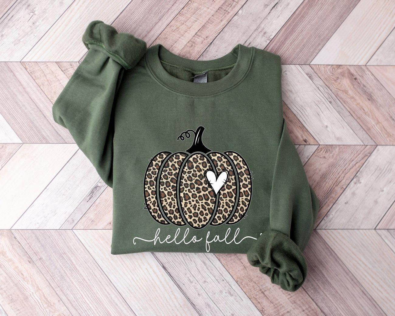 Hello Fall Sweatshirt, Leopard Pumpkin Crewneck, Fall Season Shirt, Autumn Pumpkin Graphic Sweater, Thanksgiving Day Pullover, Cute Leopard Print Heart Jumper, Boho Autumn Aesthetic Apparel, Cute Autumn Vibe Gift for Women