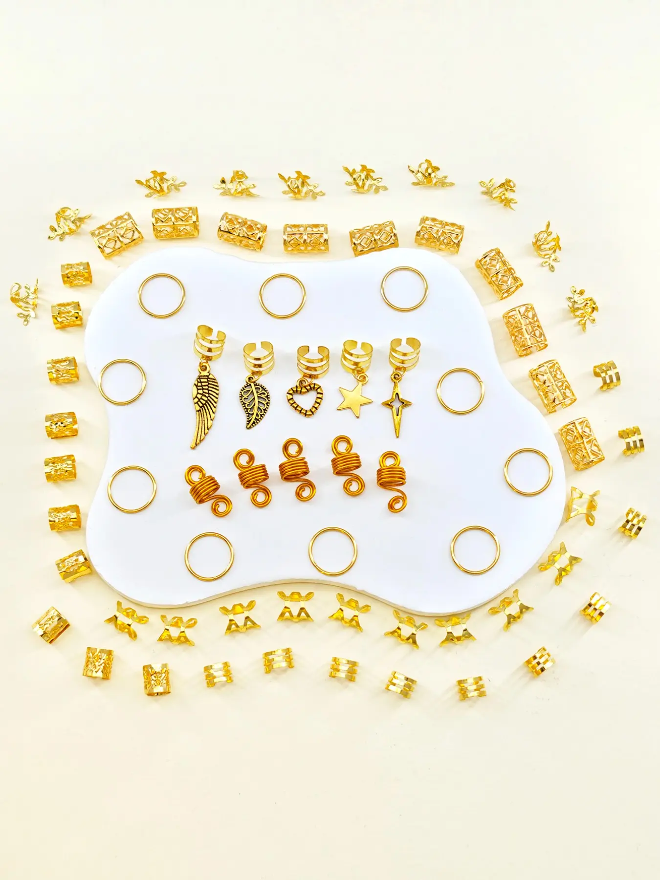 70pcs Alloy Mixed Geometric Style Hair Ring Set, DIY Dreadlock Braid Hair Beads, Boho Style Hair Accessories, Loc Hair Jewelry for Women, Versatile