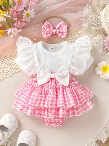 Cute Baby Girl Soft, Comfortable, Fashionable Bow Decoration Lace Lace, Thousand Bird Plaid Cake Layered Ruffle Edge Dress Jumpsuit, Paired With Headband, Spring And Summer Leisure Vacation Party Set