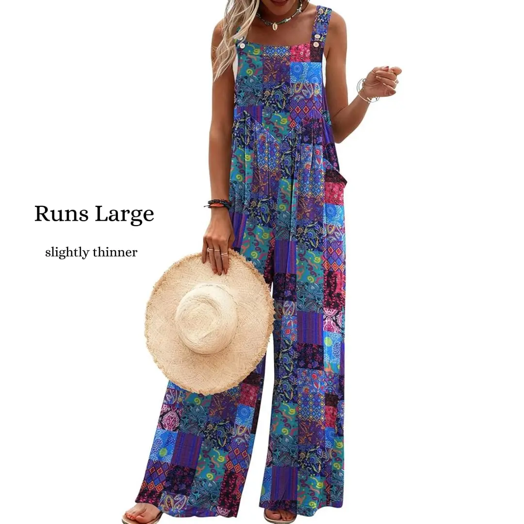 Women's Fashion Beach Spandex Casual Overalls - Loose Wide-Leg Jumpsuits, Boho Floral Printed Baggy Rompers with Pockets, 2026 Lightweight Pants, Style, Straps