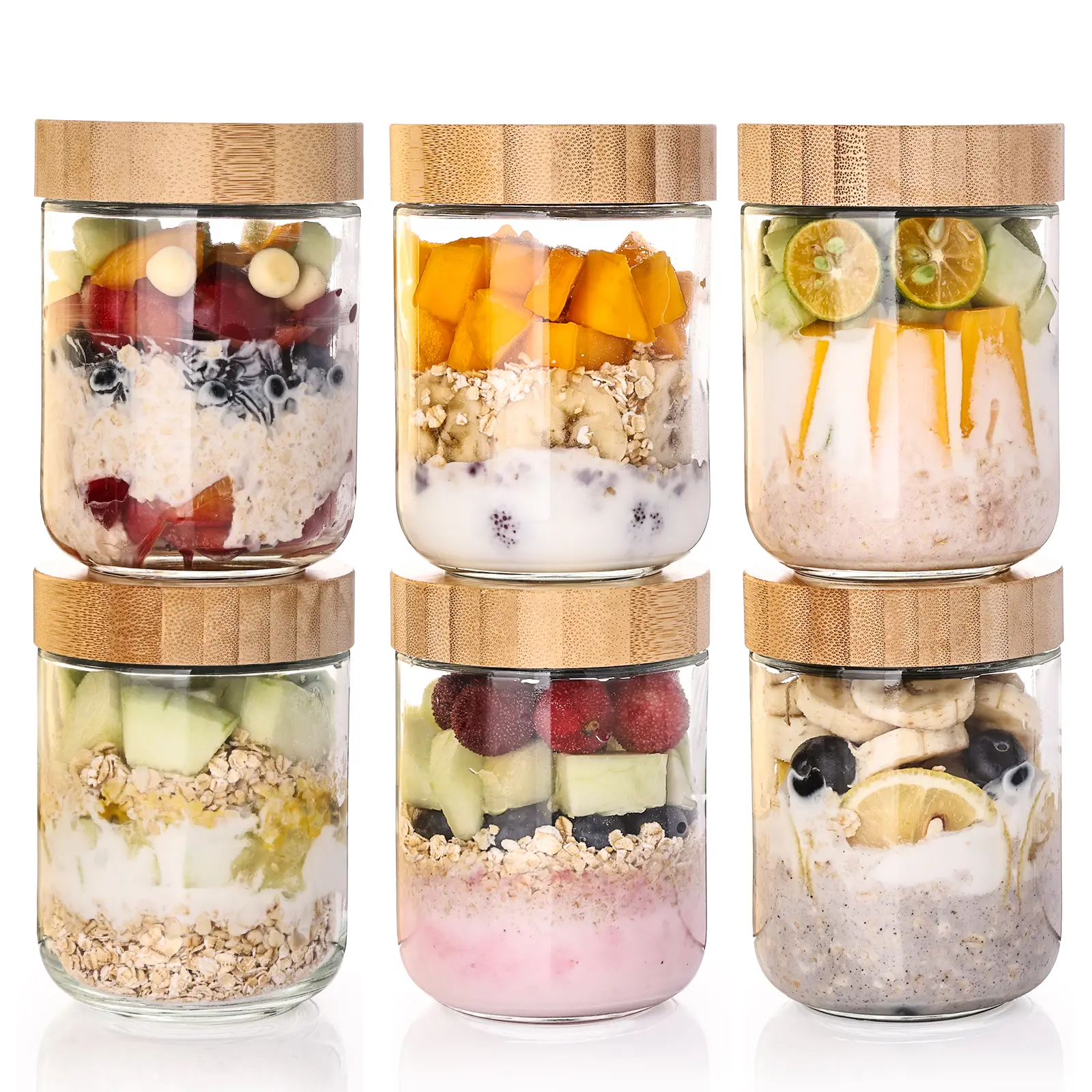6-Pack 16oz Kitchen Wide-Mouth Glass Jars with Airtight Bamboo Mason Jar Lids, Visible Food Storage Containers for Overnight Oats, Salad